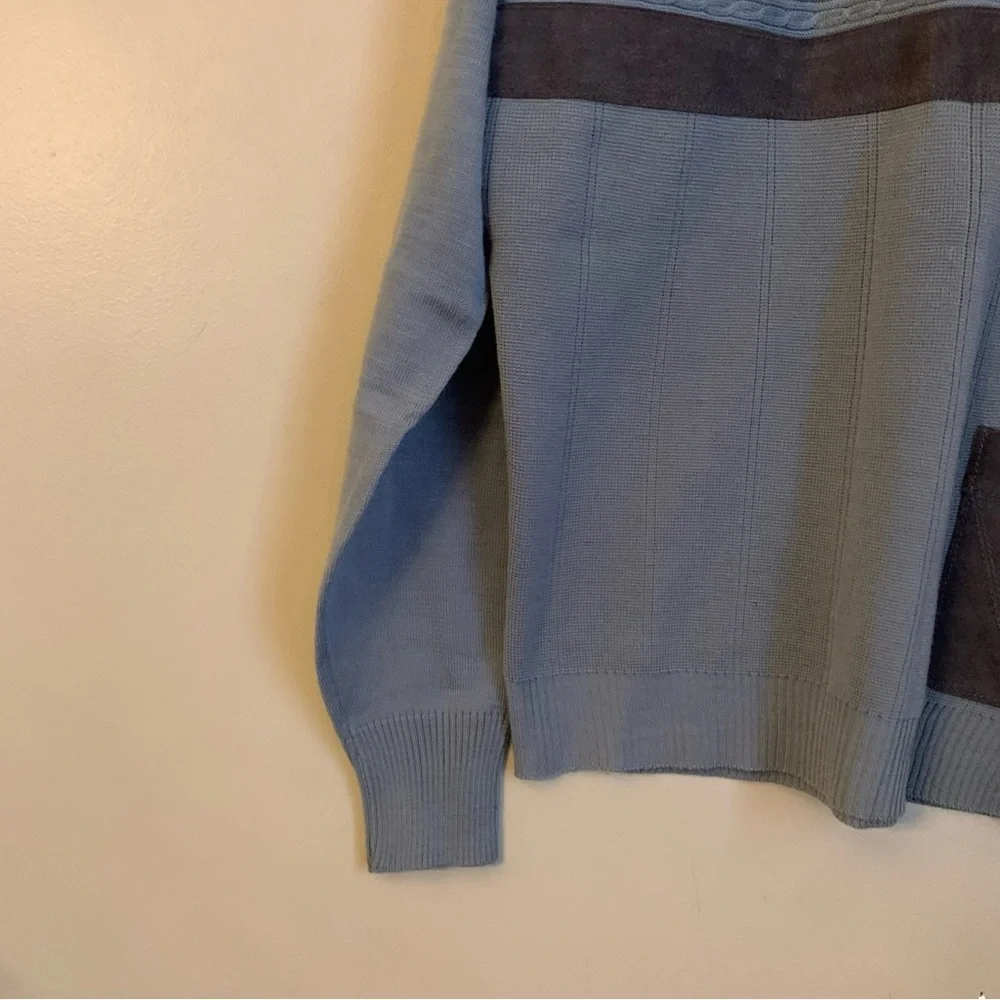 Vintage Concord Genuine Leather Trim Acrylic Knit Sweater V Neck Sz XL 70’s 80’l